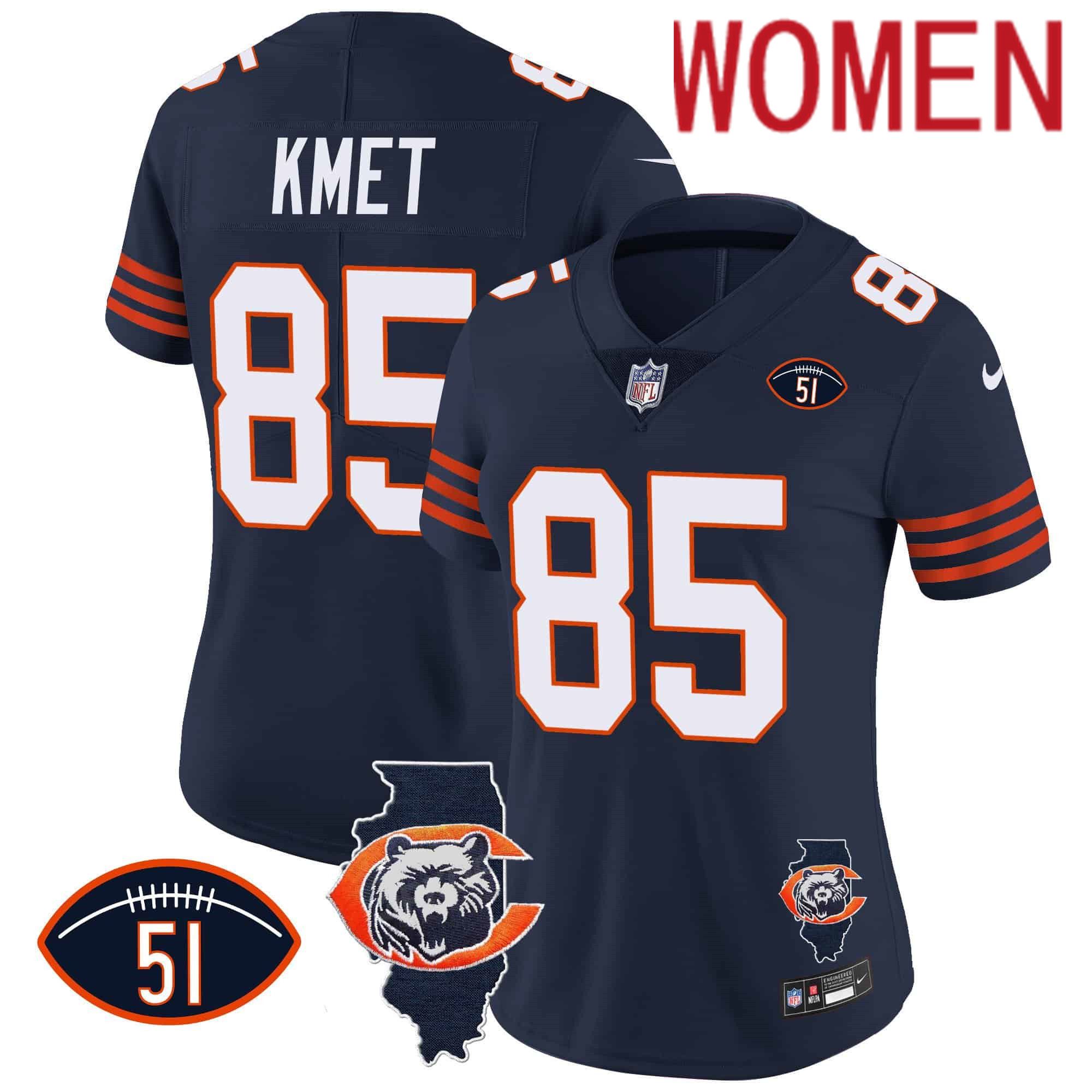 Women Chicago Bears #85 Kmet Blue 2024 Nike Throwback Illinois Patch Vapor NFL Jersey style 1